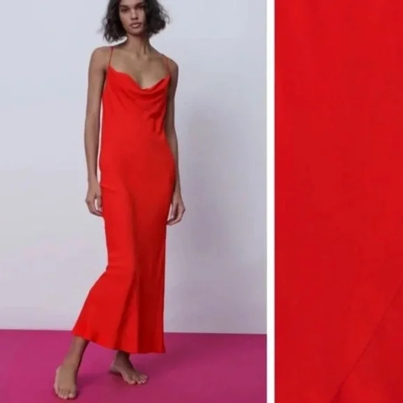 Zara bright Red Satin Effect Lingerie Style maxi Cowl Neck Dress - Picture 9 of 13